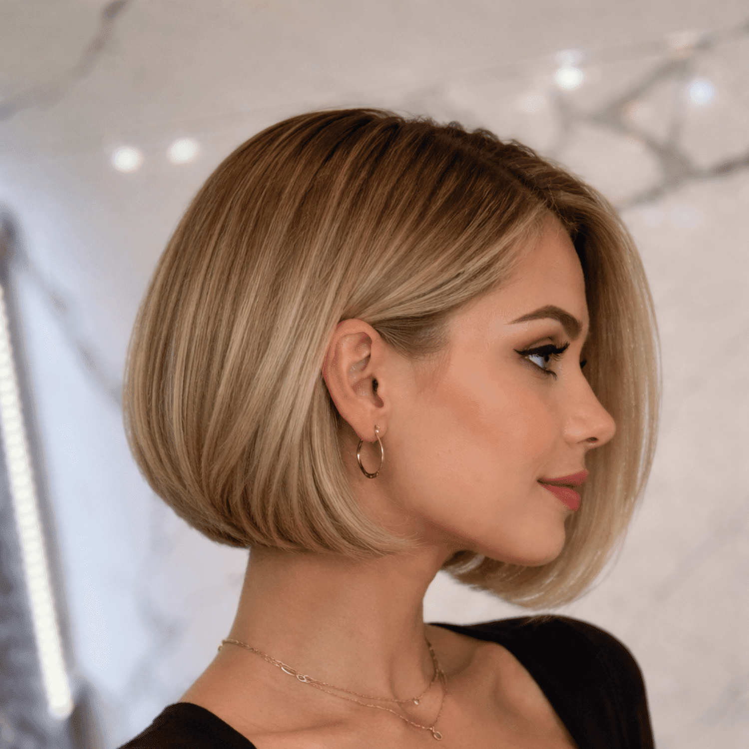 Short-haired woman with blonde bob, wearing a black top and gold hoop earrings, side profile.