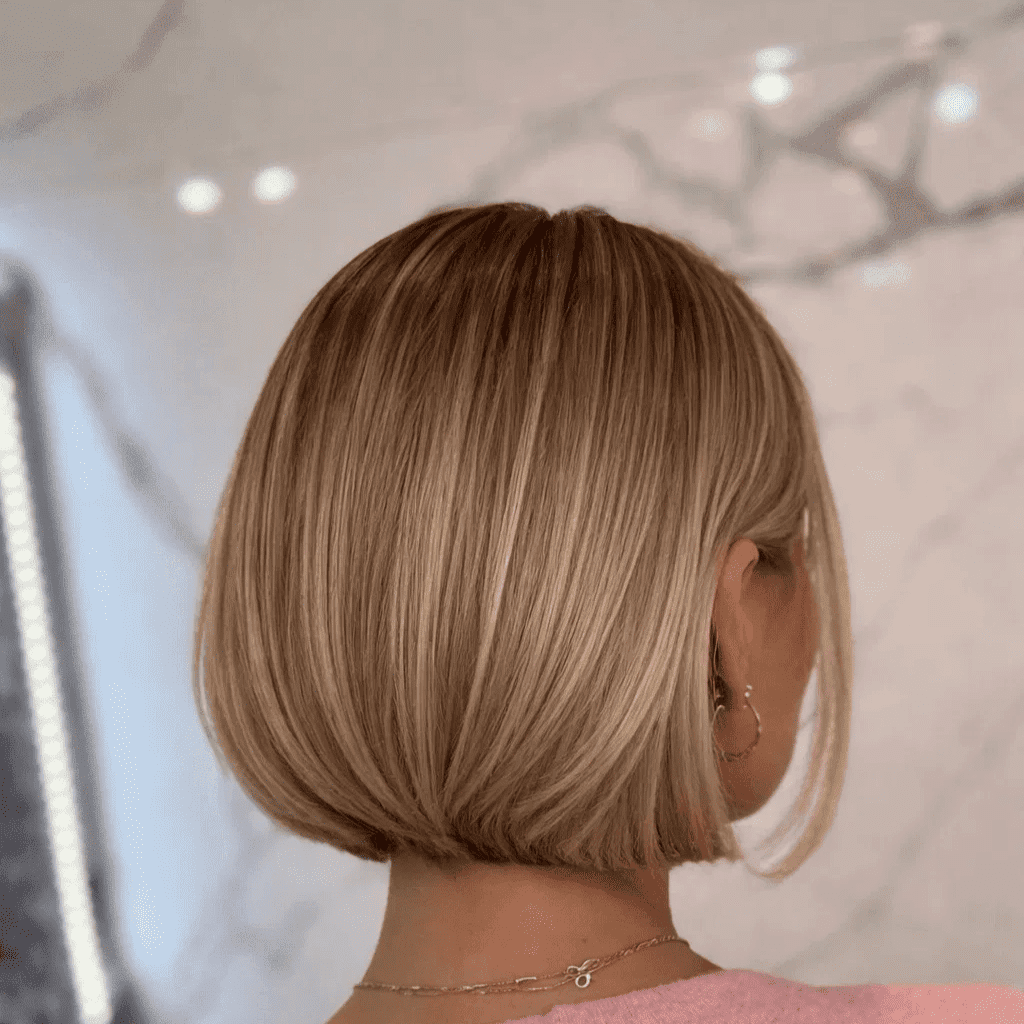 Back view of a woman with a stylish blonde bob haircut, wearing a pink top.