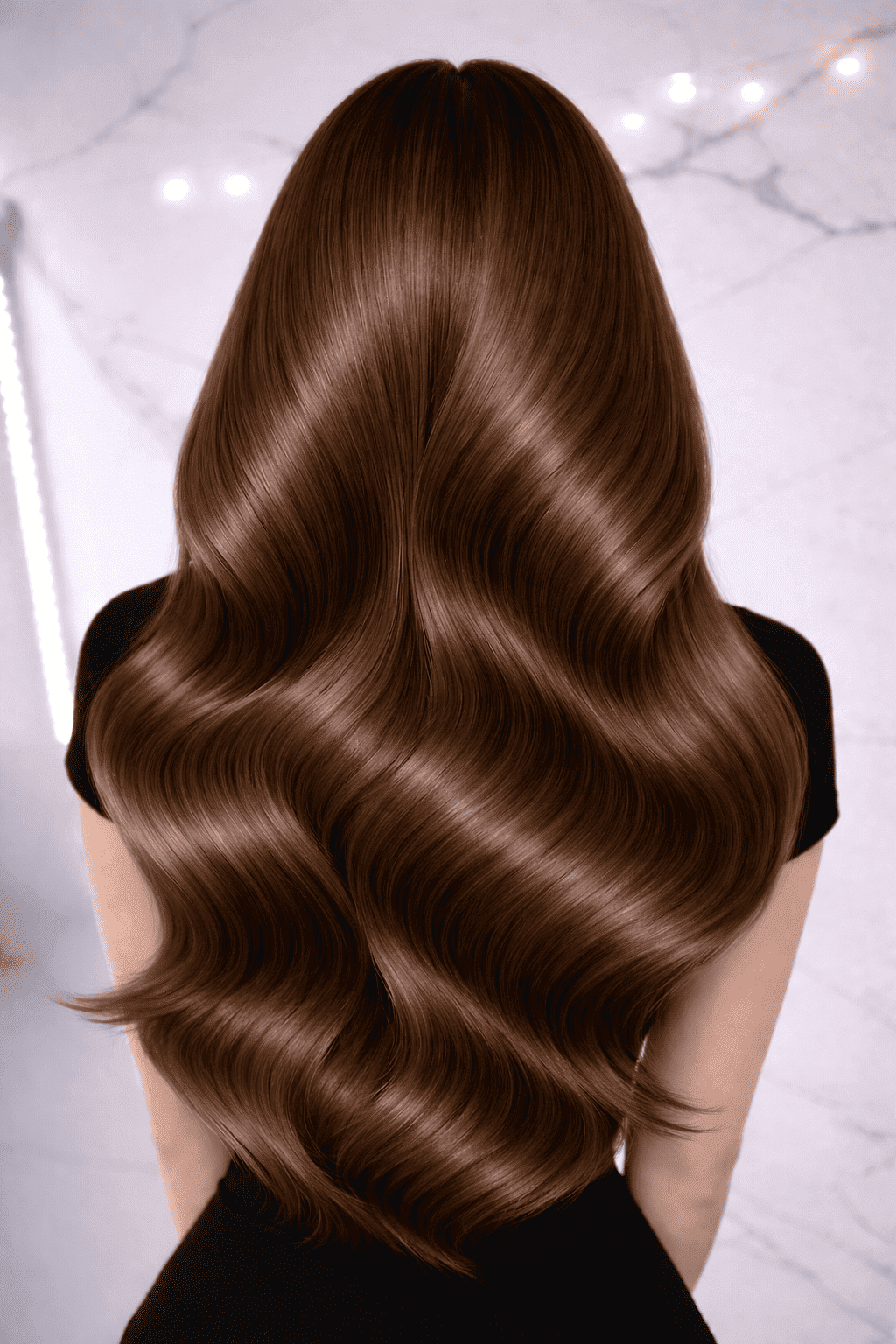 Brown-haired person with long, glossy, wavy hair against a marble background.